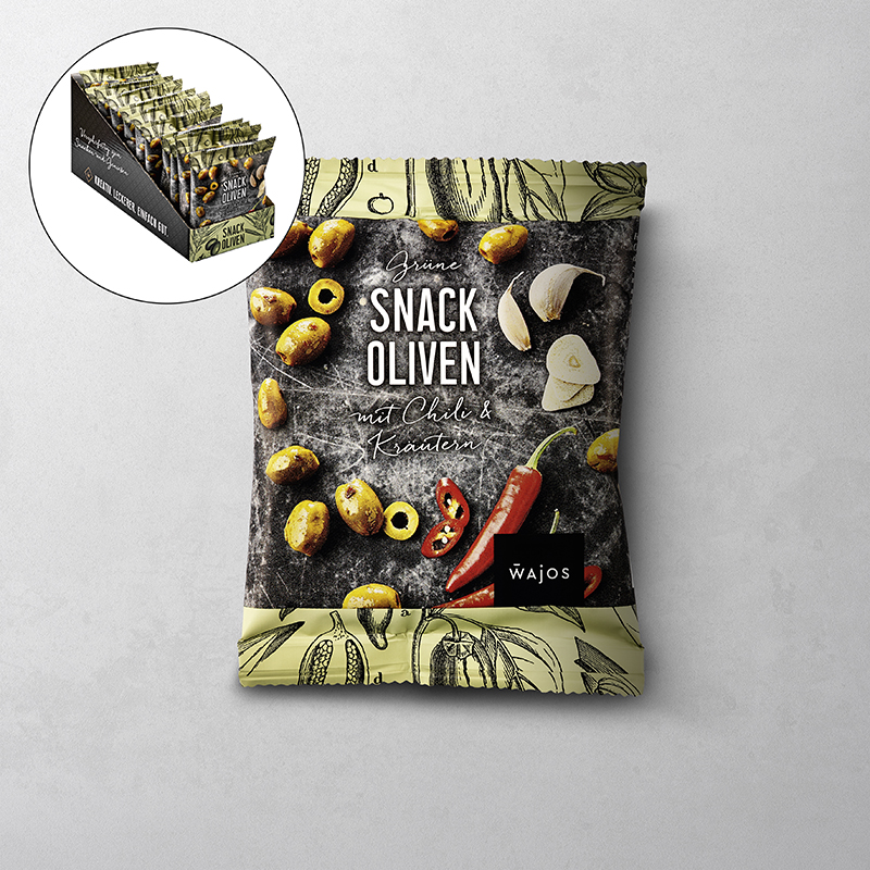 Snack Oliven Grün mit Chili & Kräutern